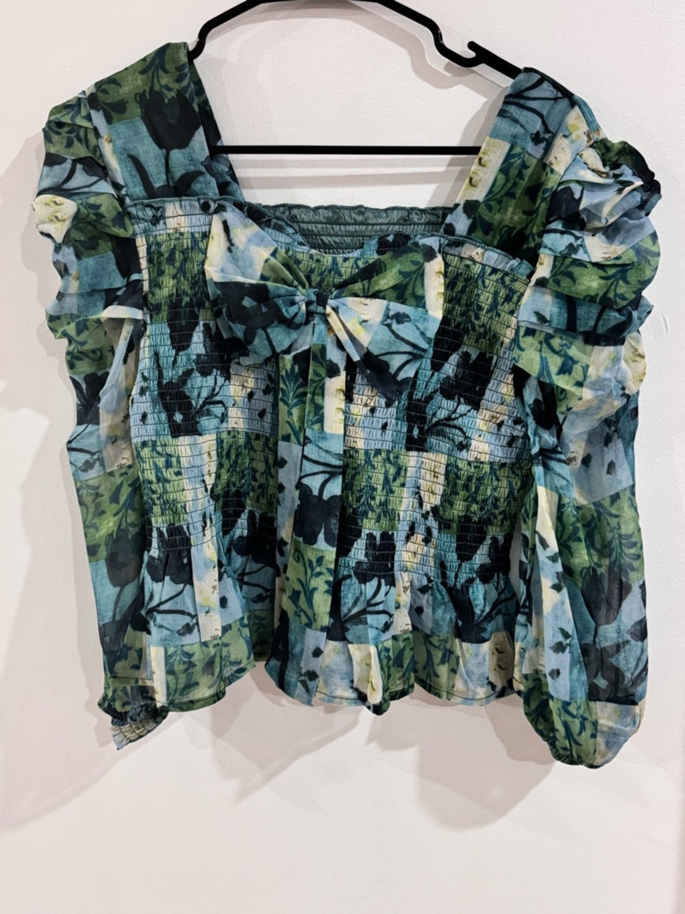 Women’s Floral Smocked Bow-Front Blouse — Blue Green